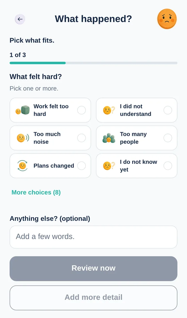 KnowMyWhy Record a Moment screen showing a difficult Moment form